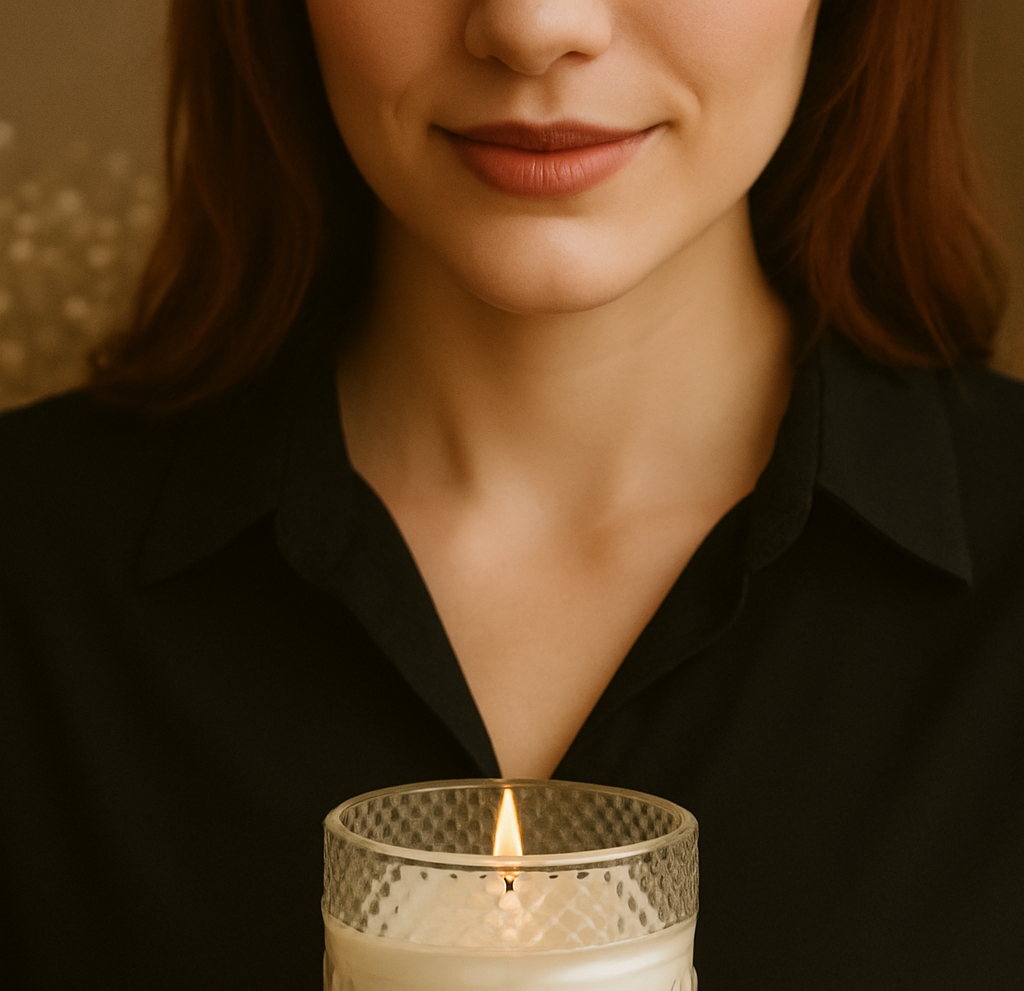 Woman holding a lit soy candle with a warm glow