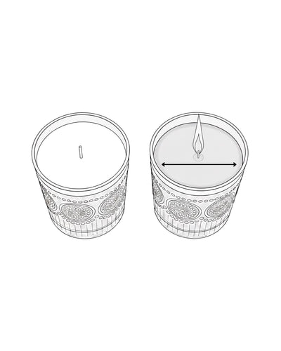 Illustration of a candle in a decorative container with a lit wick candle care tips 
