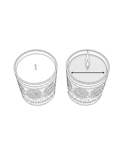 Illustration of a candle in a decorative container with a lit wick candle care tips 