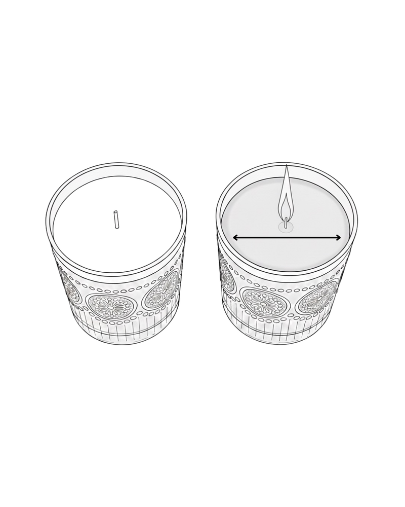Illustration of a candle in a decorative container with a lit wick candle care tips 