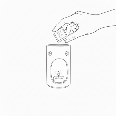 Line drawing of a hand placing a piece of soy wax melts in a ceramic burner with a tea light candle inside.