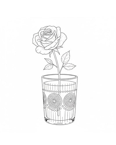 Line drawing of a rose in a decorative glass container on a white background