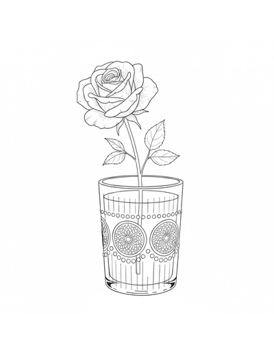 Line drawing of a rose in a decorative glass container on a white background