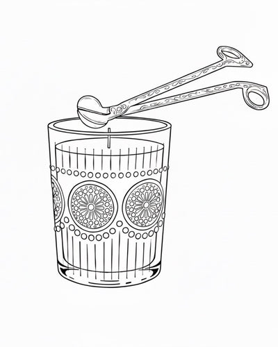 Black and white illustration of a glass with decorative patterns and a wick trimmer on a white background