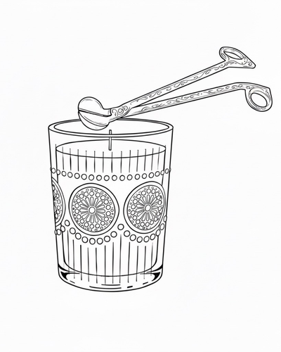 Black and white illustration of a glass with decorative patterns and a wick trimmer on a white background