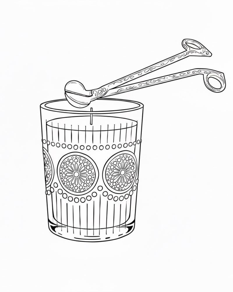 Black and white illustration of a glass with decorative patterns and a wick trimmer on a white background