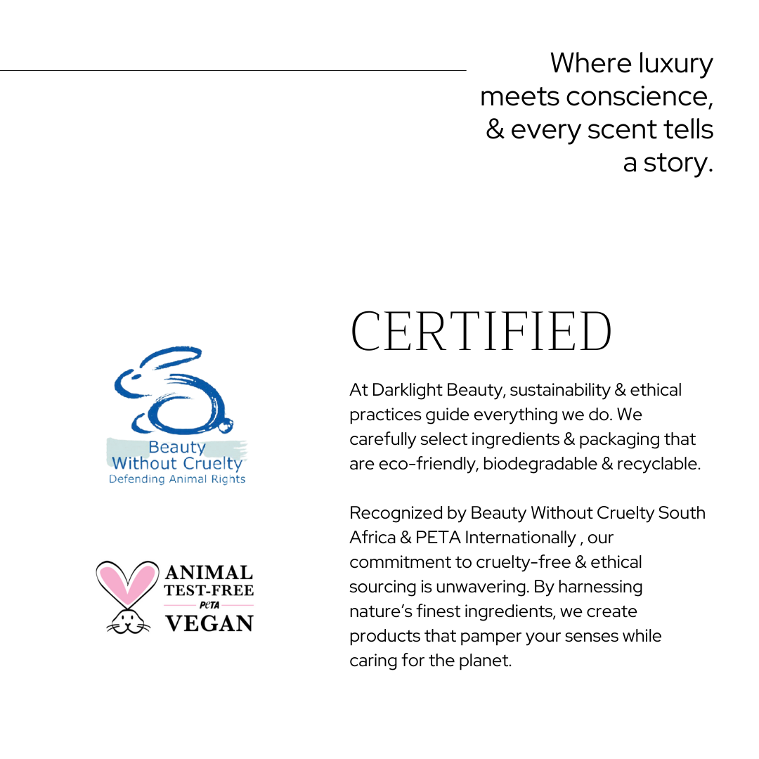 Darklight Beauty sustainability and ethical practices statement with eco-friendly, biodegradable packaging and cruelty-free certification from Beauty Without Cruelty South Africa and PETA International.
