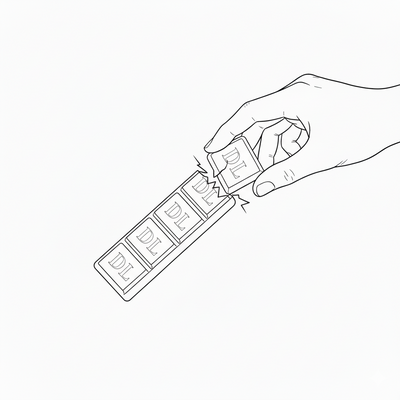 Line drawing of a hand holding a small wax melt block from Darklight Beauty with 'DL' branding.